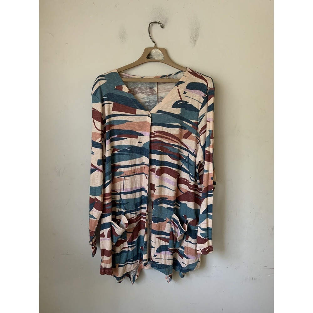 LOGO Lori Goldstein Womens Cardigan 2X Camo Camping Lounge Slouchy Fall Comfy
